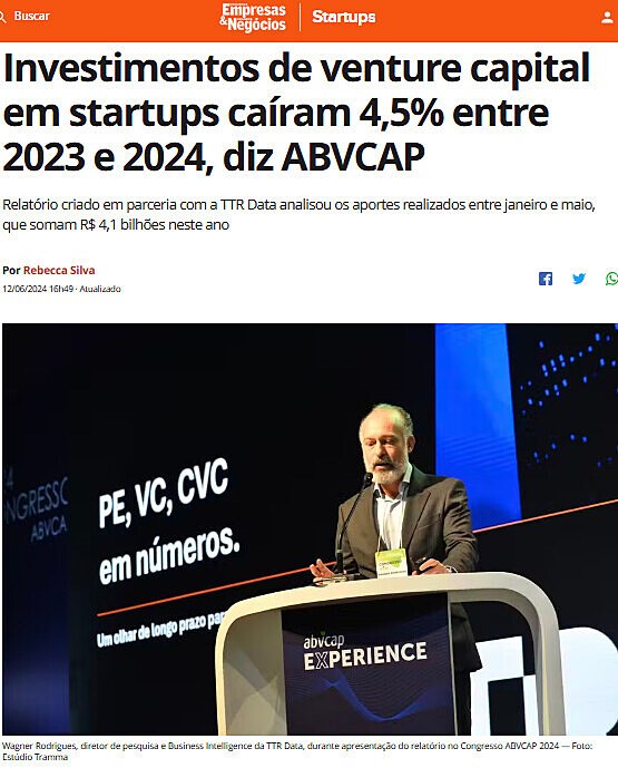 Investimentos de venture capital em startups caram 4,5% entre 2023 e 2024, diz ABVCAP